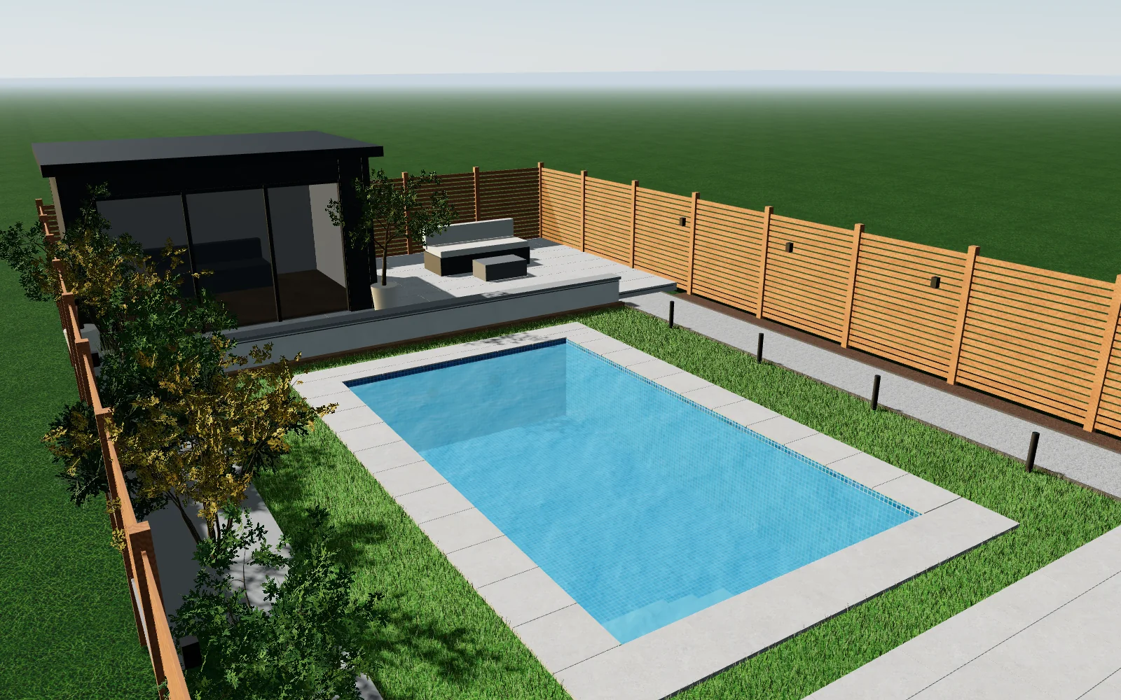 3D garden designer showing a patio, lawn, fencing and a garden room
