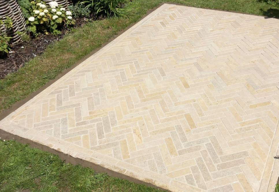 Finished herringbone cobble sett patio by Lawn Ranger Landscapes