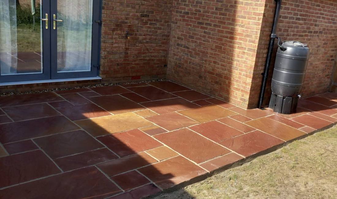 Terracotta sandstone patio at french doors, Folkestone