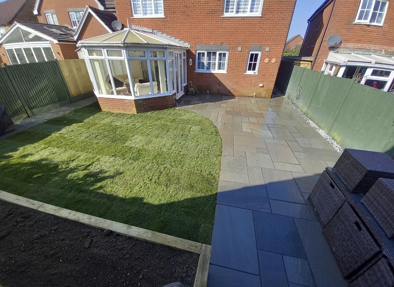 Completed garden renovation with lawn and patio, Hythe